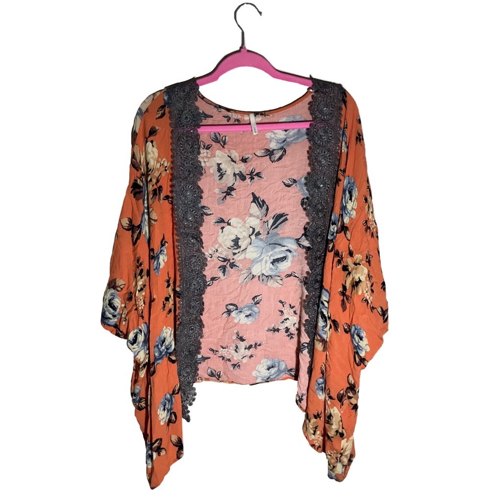 SAGE Orange black floral laced cardigan